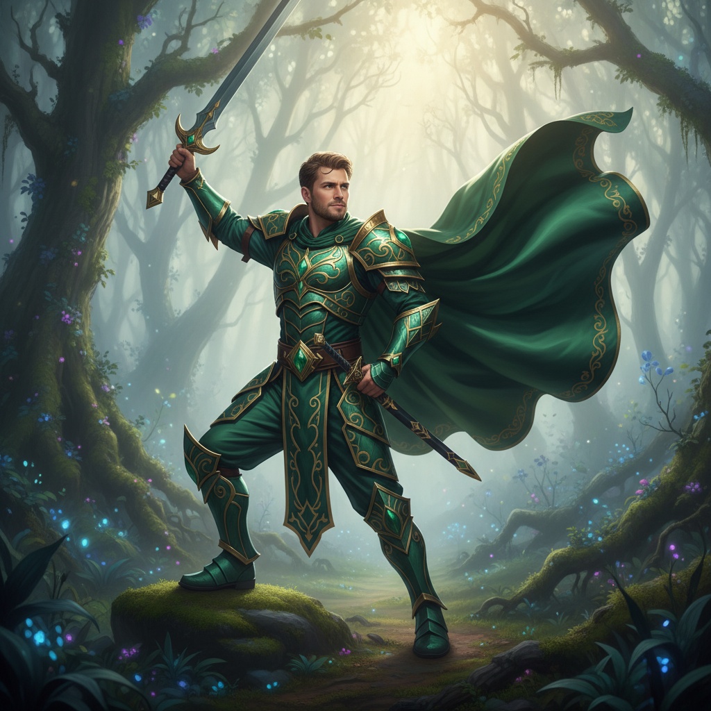 A 26-year-old male, John, role-playing in a FANTASY COSPLAY setting. He portrays a heroic character adorned in intricately designed armor with Middle Eastern influences, featuring rich emerald-green and gold textures that capture mythical elegance. His long, flowing cape billows dramatically behind him, echoing the grandeur of fantasy epics. The backdrop is a scenic, enchanted forest filled with mist and ethereal light, enhancing the otherworldly atmosphere. John's stance is powerful, arm raised as if wielding an imagined sword, exuding confidence and determination, his expression intense yet approachable. The lighting casts dramatic shadows, accentuating the details of his costume and features, making this hyper-realistic image a striking tribute to fantasy lore.