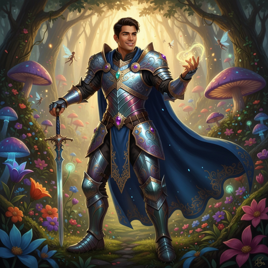 A 27-year-old Latin male, David, ROLE-PLAYING as a fantasy character, clad in intricately detailed armor that shines with a mythical iridescence. The setting is a lush, enchanted forest filled with vibrant flora and magical fauna, creating an ethereal atmosphere. His armor features ornate filigree and gemstones that catch the dappled light filtering through the trees, while a flowing cape billows dramatically behind him. David's pose embodies strength and charisma, with one hand resting on a beautifully crafted sword plunged into the ground beside him, the other raised as if casting a spell. The warm, golden hour lighting enhances the magical feel, illuminating his confident expression and the fine textures of his costume, making the image a striking portrayal of fantasy and adventure. The overall composition invites the viewer into a captivating world of imagination, perfectly balancing reality and fantasy.