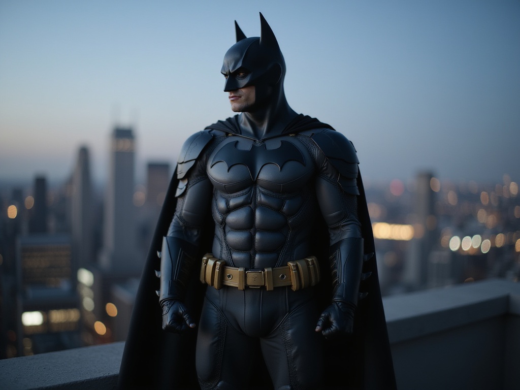 A 24-year-old Asian male, Michael, portrayed as a hyper-realistic Batman standing on a rooftop at dusk. Dressed in an intricately designed, dark, matte cape and armor that embodies the iconic bat symbol, he gazes over Gotham City, with the skyline illuminated by flickering lights. The pose captures a moment of readiness, with one hand clenched into a fist and the other resting on his hip, projecting authority and strength. The scene is enhanced by dramatic chiaroscuro lighting that casts deep shadows across his face and costume, heightening the brooding atmosphere of the setting, symbolizing the duality of the hero and the man behind the mask. This image merges iconic superhero drama with a contemporary artistic lens. ROLE-PLAYING and HYPER-REALISTIC.
