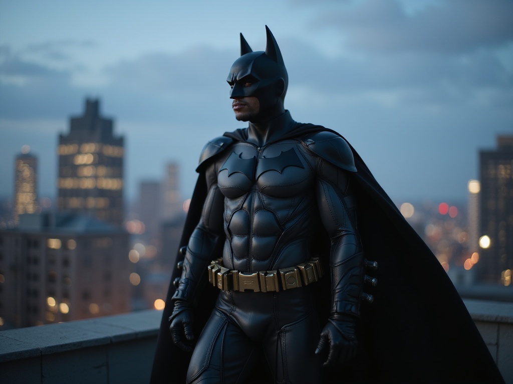 A 25-year-old Black male, David, embodying the essence of Batman, stands poised on a Gotham City rooftop at twilight. He wears an intricately designed, high-fashion Batman suit made of sleek black leather and reflective accents that catch the fading light. The suit is tailored with angular details and a flowing cape that billows dramatically in the wind. The backdrop features a moody urban skyline, punctuated by the glowing lights of the city. David’s expression is fierce and determined, exuding a powerful presence as he gazes into the distance. The shot employs strong chiaroscuro lighting, highlighting the contours of his physique while shrouding parts in mystery, evoking the iconic hero's duality. This image captures not just a character, but redefines superhero elegance in modern fashion photography.