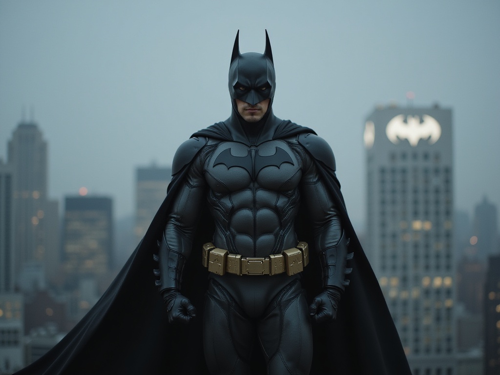 A striking portrait of a 27-year-old Asian male, John, embodying the iconic figure of Batman. He stands heroically atop a Gotham-inspired skyscraper, his dark, billowing cape that mimics the night sky. Clad in a meticulously tailored, noir-inspired matte black armored suit, the costume features intricate paneling and subtle textures that hint at high-tech enhancements. The cityscape behind him is shrouded in fog, with the Bat-Signal illuminating the clouds above. The composition captures a dynamic pose, one hand resting confidently on his utility belt while the other clenched into a fist, radiating power and determination. The low-key lighting enhances the dramatic shadows, emphasizing the chiseled features of his face and the intensity in his gaze, evoking the spirit of a modern superhero captured in a high-fashion editorial style.