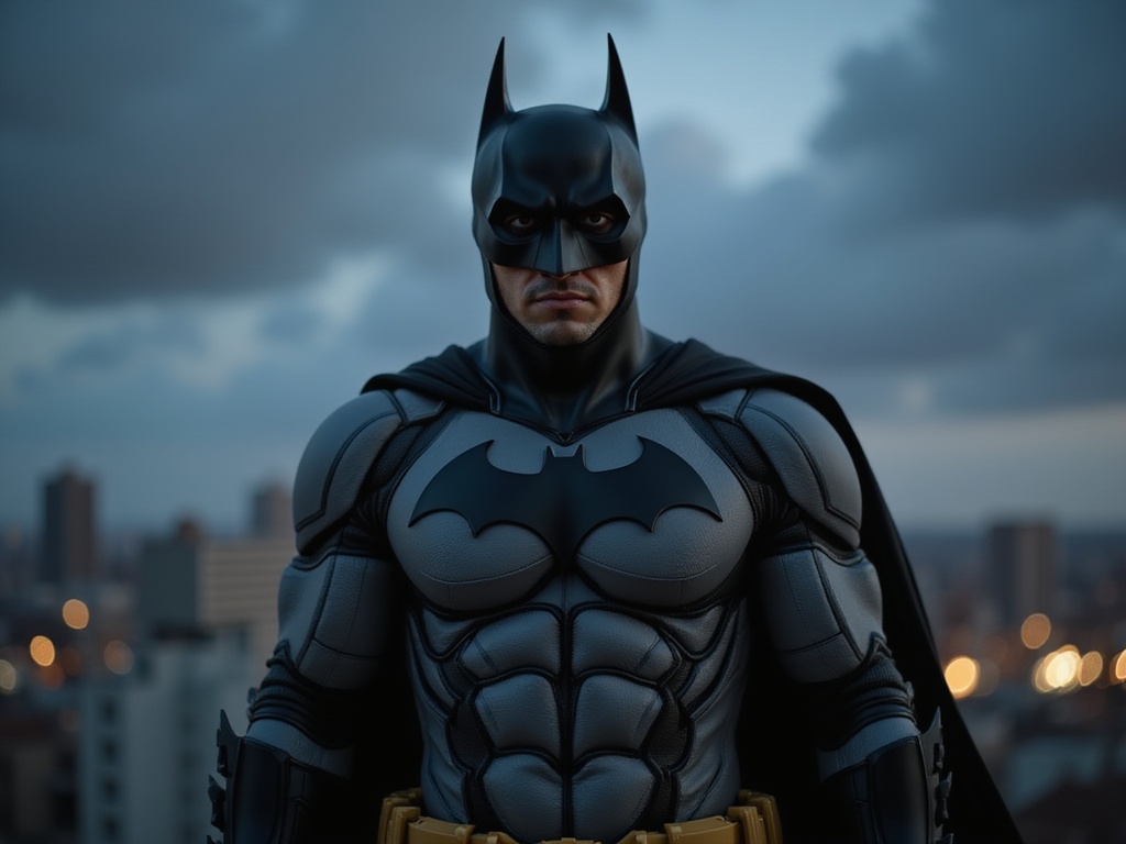 A 29-year-old male, Michael, role-playing as Batman in a hyper-realistic portrayal. He stands tall in a sleek black and gray tactical suit featuring intricate detailing and sharp lines, embodying the iconic silhouette of the Dark Knight. Michael’s Latin heritage adds depth to the character, with striking features enhanced by the costume's mask, emphasizing his strong jawline and piercing eyes. The background is a Gotham-like cityscape at twilight, with dark, moody clouds and distant city lights flickering, creating an atmosphere of mystery and intensity. The lighting is dramatic, highlighting the contours of his muscular physique while casting shadows that enhance his imposing presence. The shot captures both action and stillness, suggesting a moment of poised readiness, evoking the timeless essence of heroism.