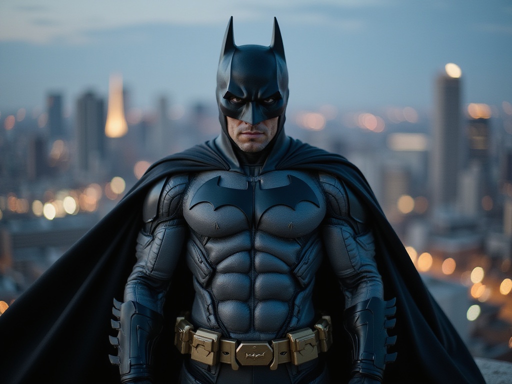 A 25-year-old male, David, embodying the role of Batman with an Arab heritage, stands heroically against the backdrop of a Gotham-like cityscape at twilight. Dressed in a meticulously detailed black and gray Batman suit, his cape billows dramatically in the wind, capturing the essence of strength and vigilance. The suit is adorned with finely crafted textures, showcasing the intricate armor plates and stealthy elements. David's strong jawline and intense gaze convey a powerful presence, framed by the city lights twinkling in the background. The lighting strikes a balance between shadows and highlights, emphasizing the contours of his muscular frame and the fierce determination in his eyes. This image captures the iconic essence of a modern-day hero, evoking both thrill and admiration, fit for a cinematic masterpiece.