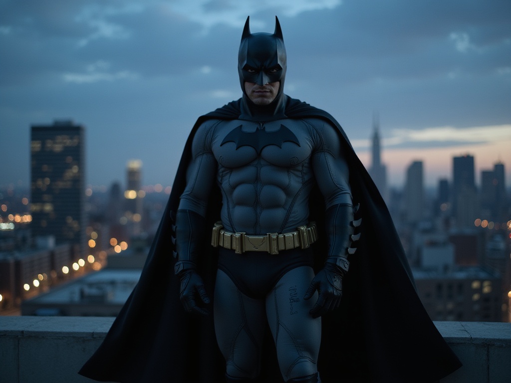 A 29-year-old Arab male, David, ROLE-PLAYING as Batman, stands heroically atop a Gotham City rooftop at dusk, the urban skyline silhouetted against a deep indigo sky. He wears a meticulously crafted, dark grey bodysuit made of high-tech spandex, complete with a flowing black cape that billows dramatically in the wind. The chest emblem shines subtly, reflecting the last rays of sunlight. His face is partially obscured by a sleek, modern bat cowl, accentuating his intense gaze. The deep shadows create chiaroscuro effects that highlight his muscular form, embodying the strength and resilience of the iconic character. The city lights below start to flicker on, setting the stage for his nightly vigilante duties. This composition encapsulates the essence of Batman's eternal struggle for justice, delivering an image that resonates with both power and vulnerability, designed to be visually stunning and culturally resonant.