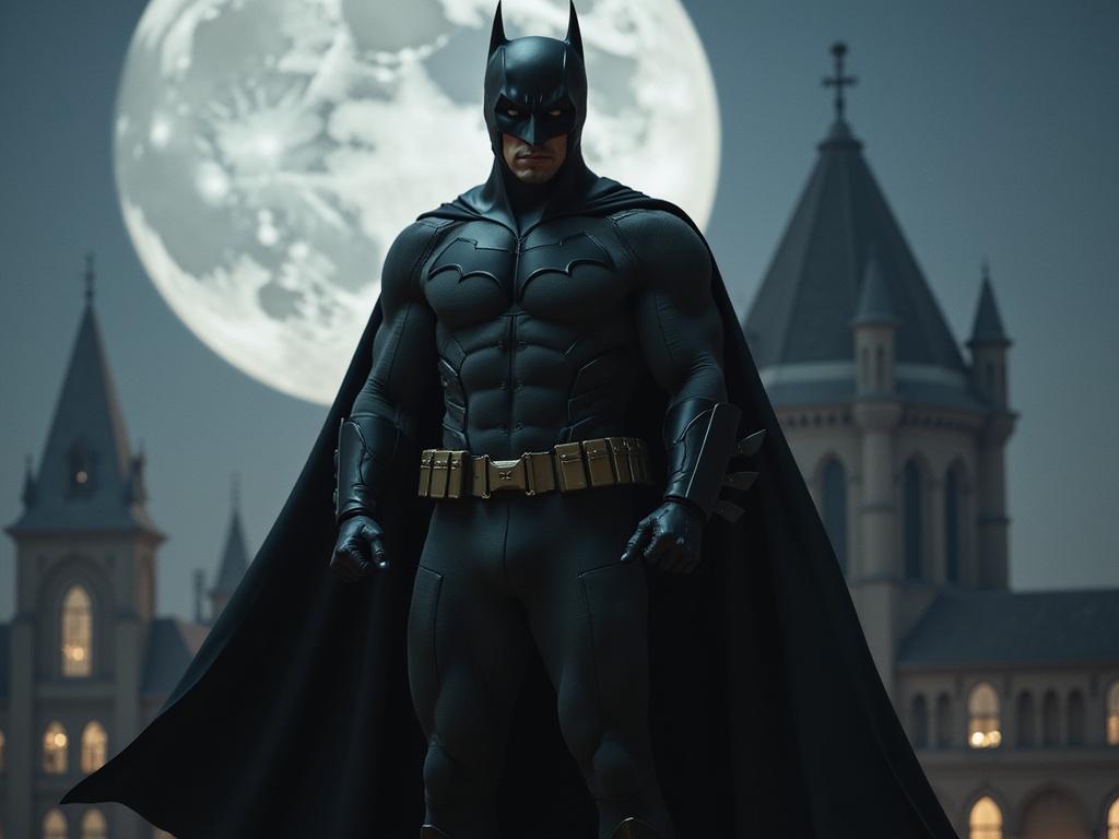 John, a 26-year-old male, embodies the iconic figure of Batman in a hyper-realistic portrayal. He stands heroically atop a gothic building in Gotham City, the moon illuminating his chiseled features and striking Middle Eastern heritage. Draped in a meticulously crafted black suit made of flexible, matte neoprene with armored accents, his silhouette exudes power and resilience. The flowing cape billows dramatically in the wind, capturing the essence of a vigilant guardian. His intense gaze peers through the signature cowl, expressing determination and strength. The urban landscape unfurls beneath him, bathed in a chiaroscuro palette that enhances the tension of the scene. This image is not just visual; it’s a narrative of courage and justice—a modern myth brought to life in a sleek editorial style.