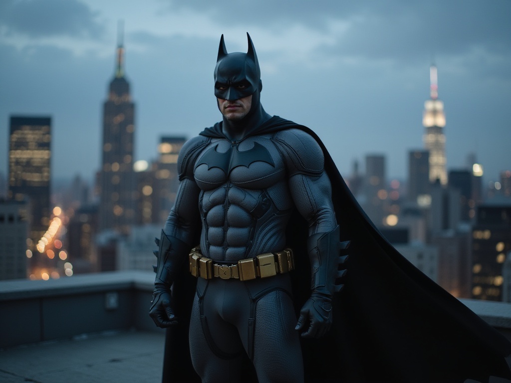 A 26-year-old male, John, role-playing as Batman in a hyper-realistic portrayal. He stands poised on a Gotham-inspired rooftop at twilight, the city skyline illuminated behind him. Dressed in a custom-tailored, dark matte bat suit made from high-tech fabric, it fits him like a second skin. The iconic cape billows dramatically in the wind, adding an element of movement and power. His intense gaze is visible through the sleek, black cowl, accentuating his sharp jawline and strong features, reflecting his Latin heritage. The environment is moody, with low light creating dynamic shadows, while the Bat-Signal shines from above, delivering a sense of urgency and empowerment. This image encapsulates the essence of a modern hero, blending realism with iconic superhero aesthetics.