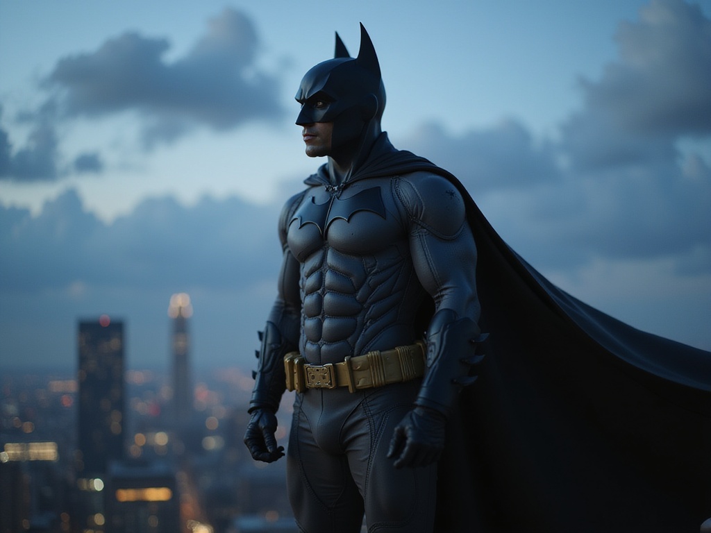 A hyper-realistic depiction of a 29-year-old Indian male, John, as Batman, captured in a dramatic urban Gotham City setting at twilight. He stands atop a skyscraper, his silhouette framed against the dusky sky filled with swirling clouds, acting as a vigilant guardian over the city. Clad in a sleek, modern Batman suit made of matte black armor with subtle hints of deep navy, the costume features a high-collared cape that billows in the wind, evoking both strength and mystery. The iconic bat symbol is emblazoned across his chest, gleaming subtly under the ambient city lights. John's expression is fierce, embodying the intense resolve of a superhero. The lighting accentuates the contours of his muscular physique as well as the intricate details of the suit, while the cityscape below is slightly blurred, emphasizing the height of the vantage point.