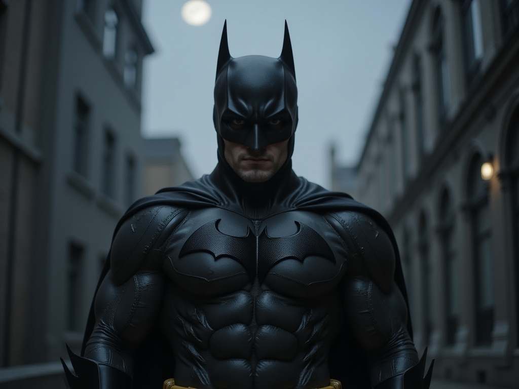 John, a 28-year-old male embodying Batman, stands powerfully in a dark, Gotham-esque urban landscape. His costume is a hyper-realistic representation of the iconic bat suit, crafted from sleek, matte black materials that highlight his athletic physique. The cowl fits snugly, accentuating his sharp jawline while his dark, penetrating eyes exude a sense of determination. The atmosphere is filled with looming shadows and dramatic contrasts, emphasizing the chiaroscuro style of light as if a full moon casts its glow over the cityscape. In the background, Gothic architecture looms, creating an air of mystery. The scene captures the essence of a modern superhero, merging classic aesthetics with contemporary storytelling, resonating with the cultural impact of the Batman legacy.
