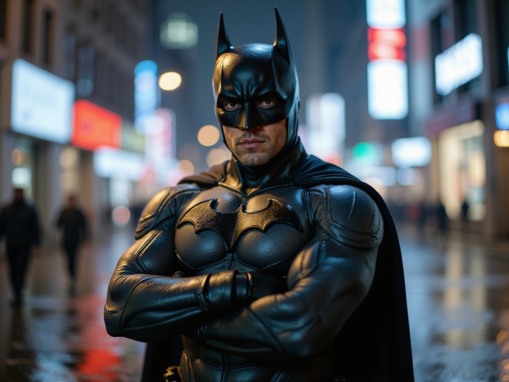 A 22-year-old male, James, in a hyper-realistic portrayal as Batman, standing tall against a gritty urban backdrop reminiscent of Gotham City. He wears a meticulously detailed, form-fitting black suit made from a combination of leather and high-tech fabrics, featuring an iconic bat emblem across the chest. The cowl reveals sharp, engaging features typical of a dynamic superhero. His striking brown eyes exude determination and intensity, while shadows play dramatically across his face, emphasizing the chiseled jawline. The cityscape glimmers with neon lights reflecting off rain-slicked streets, enhancing the night's tense atmosphere. James' confident pose, with arms crossed and cape billowing behind him, captures the essence of a modern-day protector poised for action. The overall composition balances light and dark, evoking suspense and intrigue, suitable for a cinematic launch into the superhero genre.