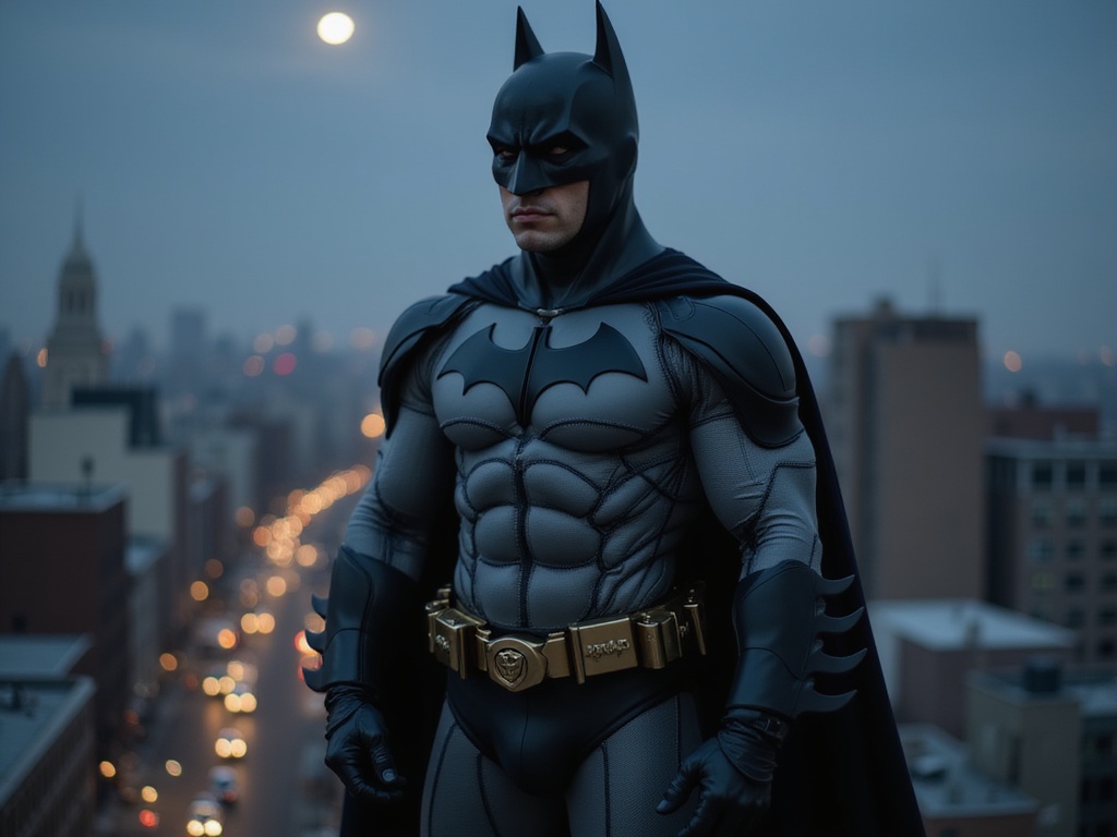 A 22-year-old male, Michael, embodying the essence of Batman in a hyper-realistic role-playing scene. He stands atop a Gotham City rooftop at dusk, the skyline dramatically illuminated by dim streetlights and the subtle glow of a nearby moon. Dressed in a meticulously crafted, dark grey suit that captures the intricacies of the Batman costume—featuring a sculpted cape, pointed cowl, and intricate emblems—his strong, athletic build is apparent. The shadows play across his face, emphasizing his focused expression and chiseled jaw, framing him as a protector of the night. The atmosphere is charged with tension and heroism, evoking the gritty essence of Gotham, merging both his Latin heritage and the timeless hero narrative.