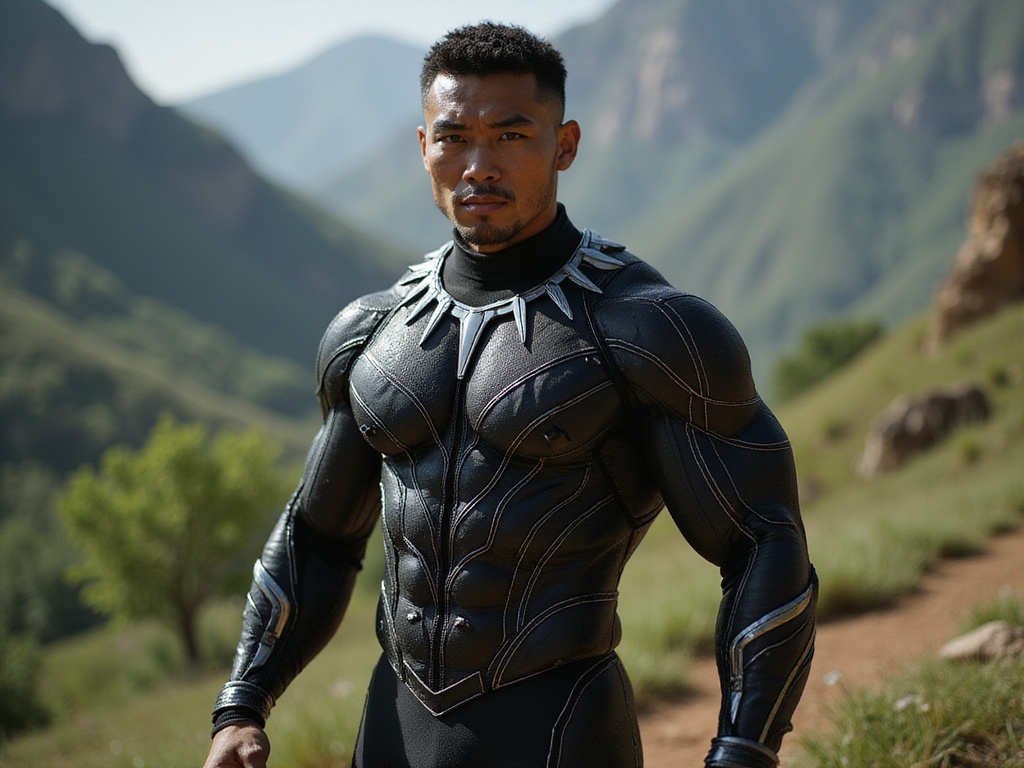 A 26-year-old Asian male, John, embodying the powerful essence of Black Panther, dressed in a sleek, form-fitting black bodysuit adorned with intricate silver patterns that mimic the vibranium suit. He stands in a dynamic pose, exuding confidence and strength, with a backdrop that showcases the lush, vibrant landscapes of Wakanda—an amalgamation of futuristic technology and rich nature. The lighting is dramatic, highlighting the texture of his suit and casting bold shadows that emphasize his muscular form. His expression is fierce and determined, capturing the character's nobility and warrior spirit while maintaining a modern, photorealistic edge.