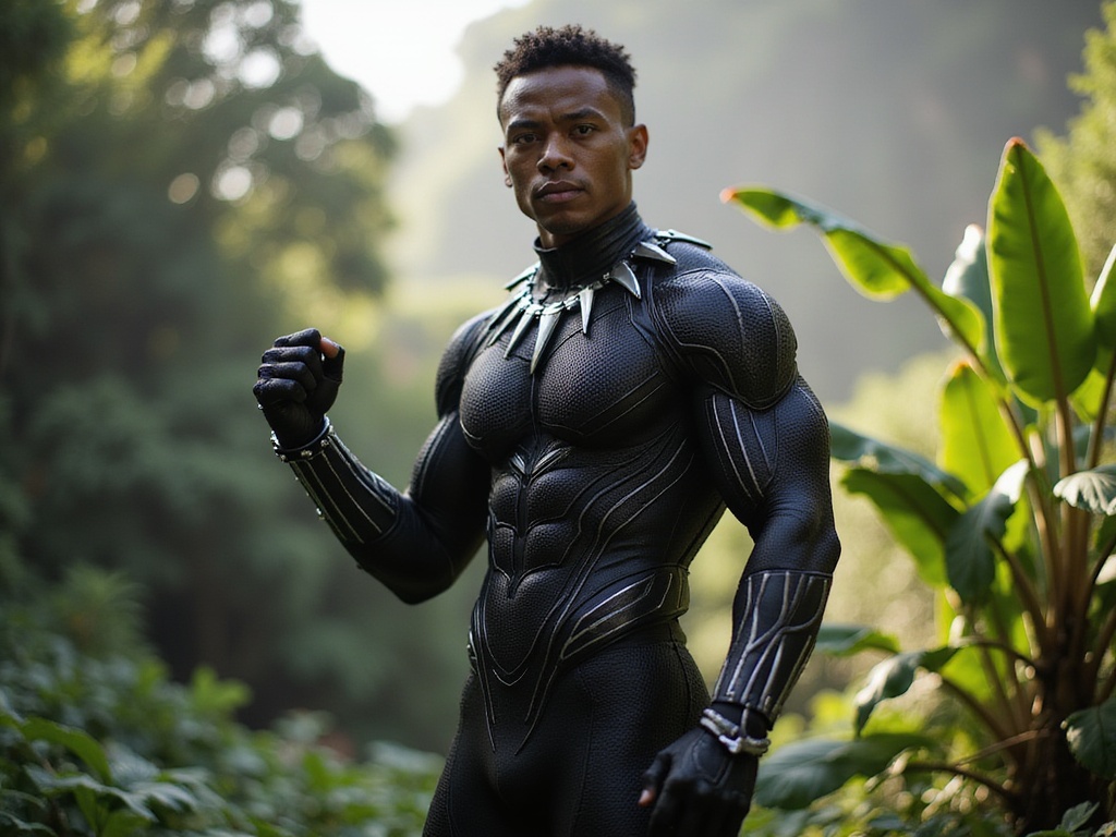 A 26-year-old male model, Michael, embodying the essence of Black Panther in a hyper-realistic ROLE-PLAYING photograph. He is dressed in an intricately designed black bodysuit resembling the advanced armor of Wakanda, complete with subtle silver accents that reflect light. His confident stance exudes power, with one hand positioned in a dynamic fist at his side while the other is raised in a protective gesture. The background features a lush, vibrant jungle with hints of advanced Wakandan architecture peeking through, enhancing the character's regal aura. The lighting is dramatic, with natural rays filtering through the foliage, creating a play of shadows and highlights across his strong features, emphasizing his Asian heritage and the cultural depth of the character.