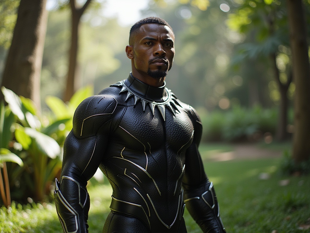 A dynamic portrayal of a male, David, aged 28, embodying the Black Panther character with powerful presence. He stands in a vibrant jungle setting that echoes the lush landscapes of Wakanda, adorned in a custom black vibranium suit that highlights his athletic physique. Bold angular lines and intricate detailing on the suit gleam under the filtered sunlight, creating a striking contrast against the verdant backdrop. The pose is heroic, with one hand poised in a defensive stance and the other raised to the sky, exuding strength and agility. David's Indian features are accentuated by fierce determination in his expressive eyes, capturing the essence of nobility and resilience. The lighting emphasizes shadows and highlights, creating a dramatic atmosphere that fuels the narrative of a warrior protector. The photograph evokes a sense of cultural pride and superhero lore, ready to inspire a new generation.