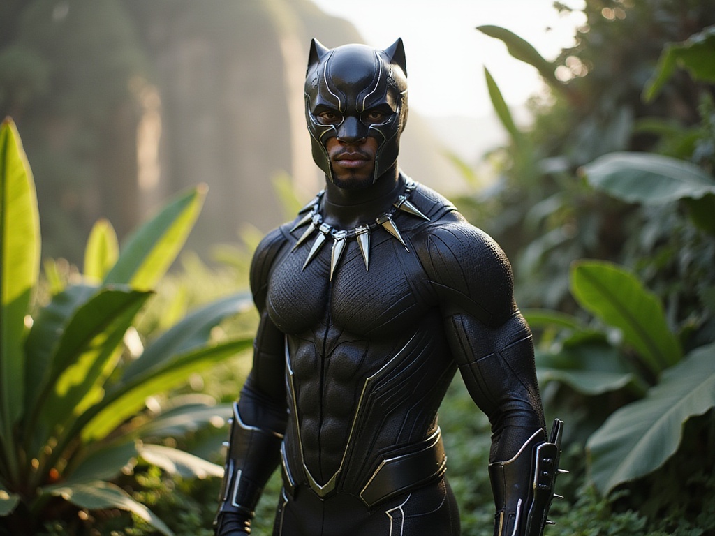 A dynamic portrayal of a 27-year-old male, David, embodying the strength and charisma of Black Panther. Dressed in a stunning, intricately designed black vibranium suit that contours to his muscular physique, he features angular facial details and a confident stance. The setting is a lush, vibrant Wakandan landscape, filled with exotic flora and futuristic architecture serving as a backdrop, emphasizing his royal heritage. His intense gaze radiates authority and bravery, while soft light filters through the leaves, creating a dramatic yet heroic atmosphere. The pose is poised and ready, capturing the essence of a powerful protector, evoking a sense of action and depth.