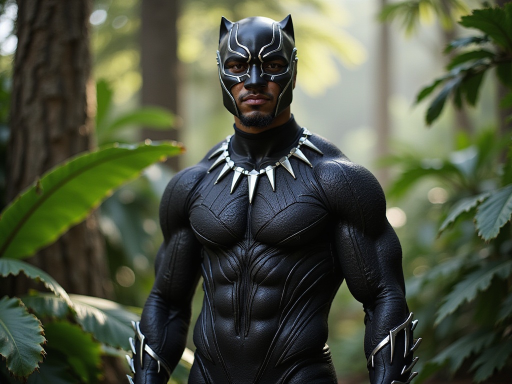 A 23-year-old Indian male, Michael, embodies the formidable presence of Black Panther in an epic ROLE-PLAYING, HYPER-REALISTIC portrait. He wears a meticulously crafted, form-fitting black suit adorned with intricate silver patterns reminiscent of Vibranium, emphasizing the musculature beneath. The backdrop features a lush, verdant jungle, hinting at the lush landscapes of Wakanda, with soft, dappled sunlight filtering through the leaves. Michael's stance is powerful and heroic, capturing the essence of the character. His expression conveys determination and strength, with a subtle smirk indicative of confidence. The lighting is dramatic, casting strong contrasts that highlight the textures of the suit and the rich colors of the jungle. The atmosphere is electric, evoking the majesty and mystery of the superhero's world.