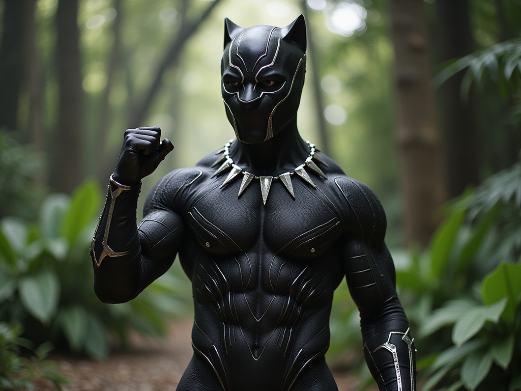 A 26-year-old Latin male, James, embodying the fierce spirit of Black Panther in a hyper-realistic role-playing scenario. He is dressed in a meticulously crafted black bodysuit featuring intricate tribal patterns, showcasing athleticism and power. A vibranium necklace rests around his neck, glistening against the dark fabric. His stance is strong and assertive, with one fist raised in a warrior pose, exuding confidence and determination. The background is a lush, vibrant jungle setting inspired by Wakanda, blending advanced technology with natural beauty. The scene is lit with dramatic backlighting that highlights his muscular frame and the suit's details, evoking a sense of heroism and strength. This artwork captures the essence of a superhero poised for action.