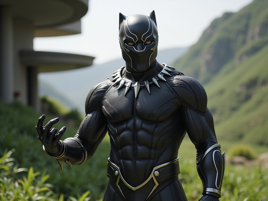 A striking male figure, John, aged 28, embodying the powerful essence of Black Panther in a hyper-realistic manner. Dressed in a meticulously crafted black vibranium suit that gleams under the ambient light, the intricate details of the suit highlight his muscular build. His posture is assertive, one hand flexed into a clawed gesture, evoking a sense of both readiness and regal authority. The setting is a lush, green Wakandan landscape, with futuristic architecture blending seamlessly into the environment, enhancing the vibrancy of the scene. The composition captures the spirit of heroism, strength, and cultural pride, evoking an emotional connection to the character's legacy as he stands as a protector of his nation.