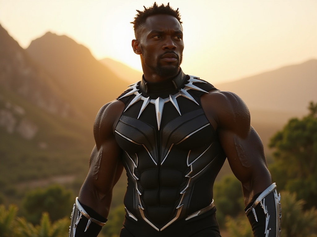 A 26-year-old male, James, embodying the strength and poise of Black Panther, is depicted in a hyper-realistic, action-oriented pose. He wears a meticulously tailored black bodysuit with intricate silver detailing, reminiscent of the Wakandan aesthetics. The backdrop features a stylized African landscape, with dramatic mountains and lush greenery, bathed in the golden glow of sunset. His expression is intense and focused, capturing the essence of a warrior king. The image highlights cultural pride and heroism, with dramatic lighting emphasizing the contours of his muscular physique and the texture of the suit, offering a modern interpretation of the iconic character. This is a ROLE-PLAYING, HYPER-REALISTIC representation that celebrates both the cultural significance and the cinematic power of Black Panther.