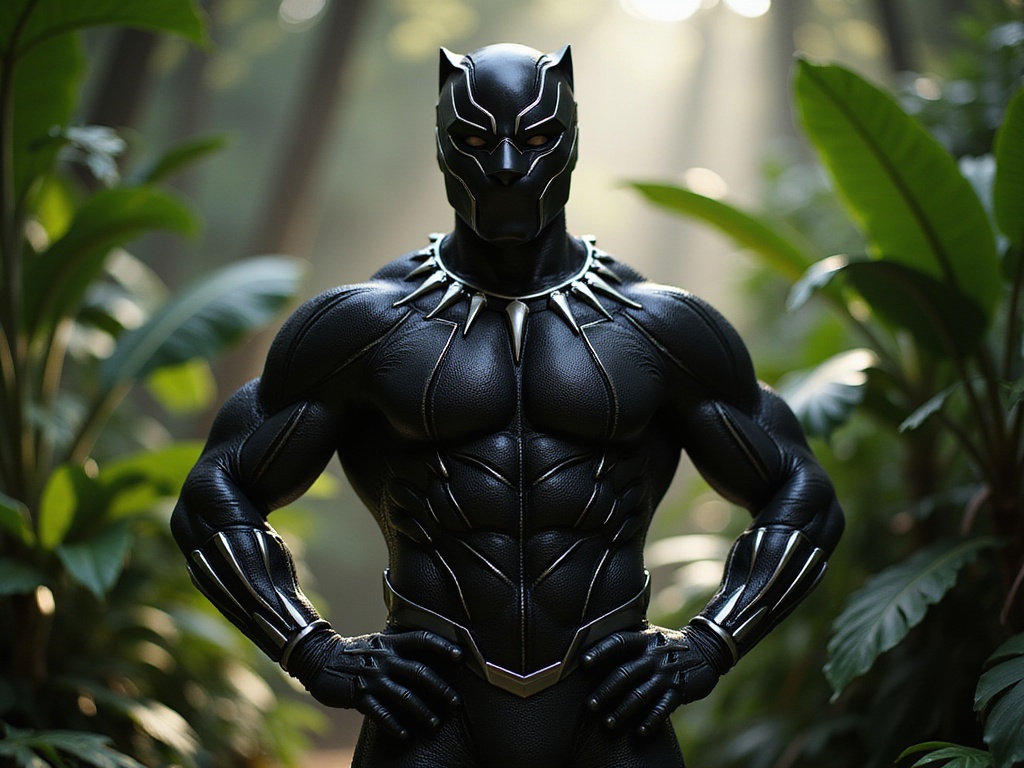 A 27-year-old Middle Eastern male, embodying the powerful essence of Black Panther, stands heroically against a dramatic jungle backdrop. He is adorned in a stylish, hyper-realistic representation of the iconic Black Panther suit, featuring intricate textures and glossy surfaces that catch the ambient light. His pose—arms slightly flexed, chest forward—conveys strength and confidence, reminiscent of T’Challa’s fearless demeanor. The lush green foliage surrounding him adds a vibrant contrast, while shafts of light break through the leaves, illuminating his determined expression and emphasizing the sculptural lines of his physique. The overall composition captures the spirit of resilience and heroism, tying into the cultural significance of the Black Panther legacy.