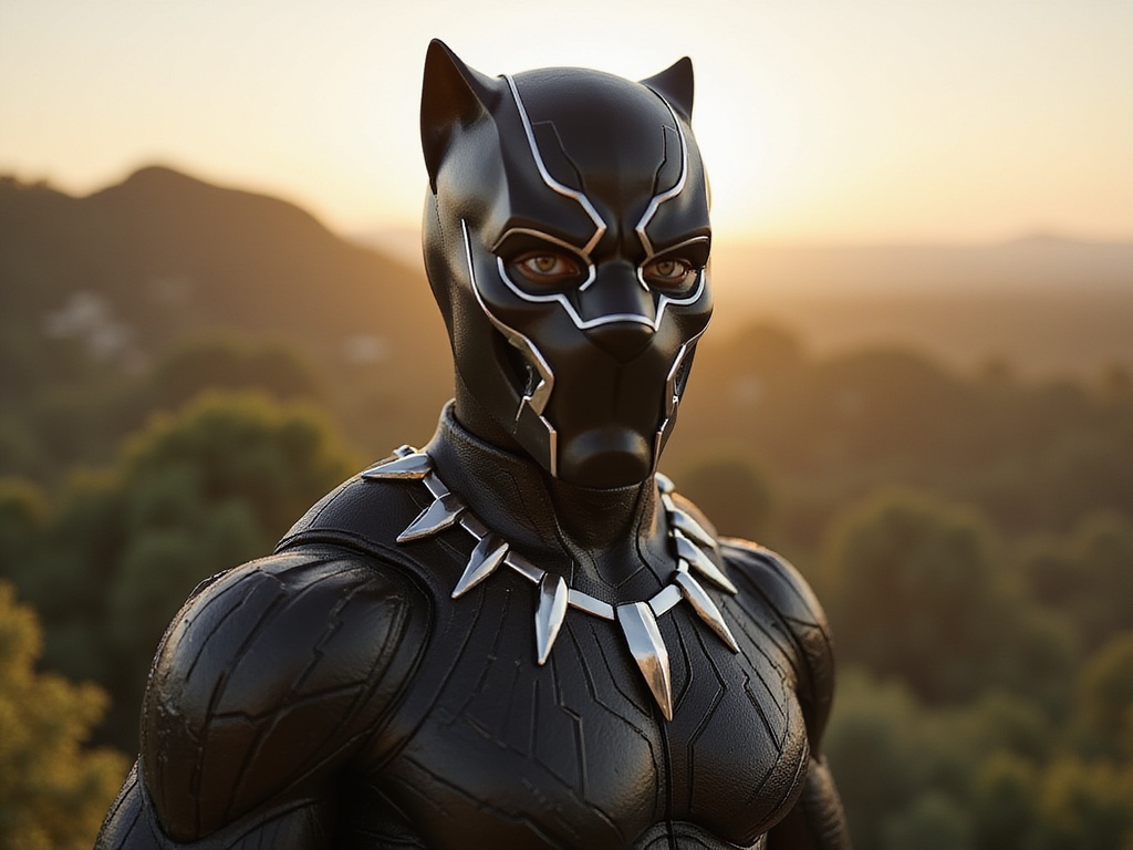 A 25-year-old Middle Eastern male, James, embodied as Black Panther, features a hyper-realistic portrayal. Dressed in a meticulously detailed, sleek black panther suit made of vibranium-like fabric that glistens under the setting sun. The suit is complete with intricate tribal patterns embossed into the material. He stands poised on a dramatic rocky outcrop, the lush Wakandan jungle sprawling in the background, enhancing the regal and powerful essence of the character. The image captures his fierce gaze, showcasing the determination and strength associated with Black Panther, with dynamic lighting emphasizing contours and shadows across his muscular frame. This moment freezes the spirit of a warrior king, ready to defend his realm.