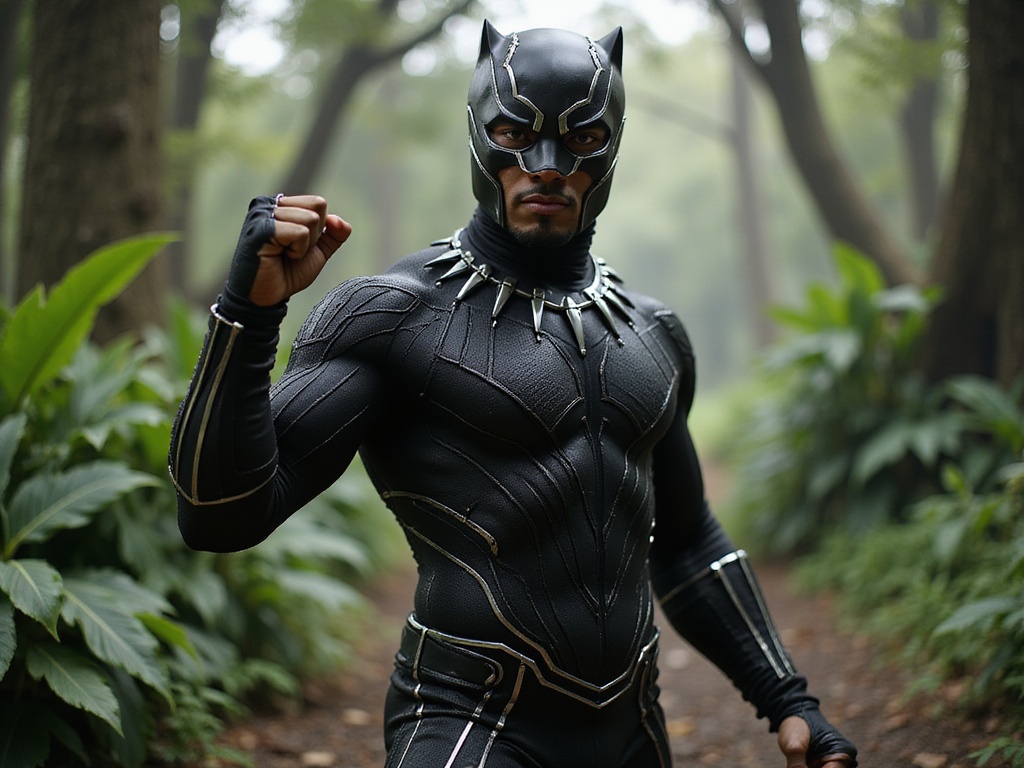 A 27-year-old Middle Eastern male, Michael, embodies the valor and elegance of Black Panther in a hyper-realistic role-playing scenario. He wears a black, intricately designed vibranium suit that clings to his athletic frame, reflecting the light with a sleek sheen. His fierce expression projects unwavering determination. The background is a lush, vibrant jungle, accented by high-tech Wakandan architecture, subtly blending nature with advanced technology. The composition captures dramatic lighting that enhances the contours of his suit and the intricate details of his surroundings. His pose is dynamic, one fist clenched and raised as if ready to leap into action. This image conveys strength and heroism, resonating with the spirit of the character while celebrating cultural depth and significance.