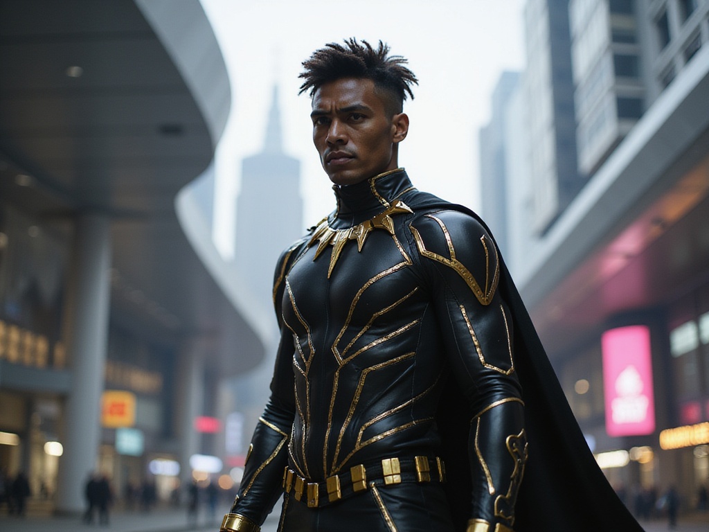 A hyper-realistic portrayal of a male character named John, aged 28, embodying a modern interpretation of Black Panther. He stands poised in a striking, high-tech urban setting, with sleek architectural lines and a vibrant cityscape in the background. His outfit features a tailored black suit adorned with intricate patterns inspired by traditional Indian motifs, blending cultures with a contemporary superhero aesthetic. John’s expression is fierce, projecting confidence and determination, with golden accents in his costume catching the light. The lighting dramatically highlights his strong features, while a slight breeze adds dynamic movement to his attire, capturing the essence of a formidable protector in an electrifying world.