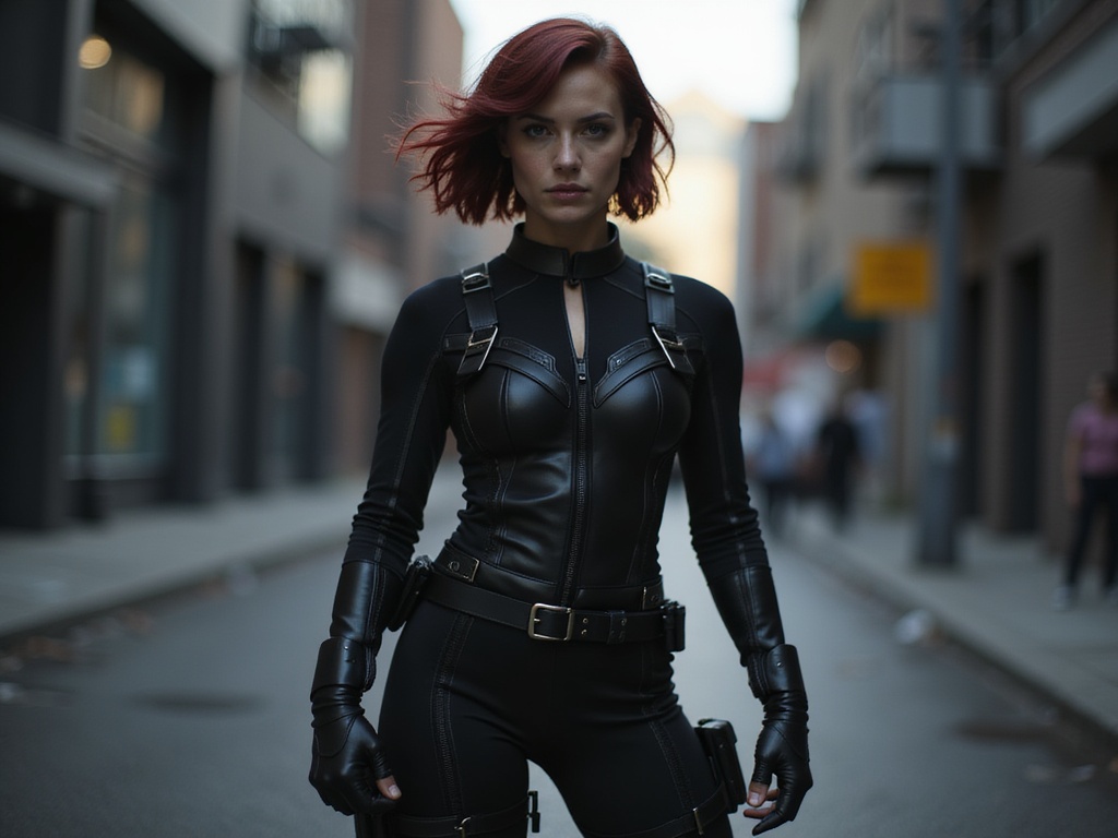 A striking 22-year-old woman, Emily, embodying the fierce persona of Black Widow. She is portrayed in a hyper-realistic style, wearing a sleek black catsuit that accentuates her athletic build while featuring detailed tactical elements like hidden pockets and belts. Her hair is styled in a bold, wavy bob, imbuing her with a modern edge. The setting is a moody, urban environment, with dramatic lighting casting shadows that highlight her fierce expression. She stands in a dynamic pose, one fist clenched and ready, exuding confidence and power. The background showcases a gritty cityscape, merging cinematic elements with high-fashion aesthetics, capturing the essence of a modern superheroine. This portrait straddles the line between fashion and action, creating an image that is both iconic and aspirational.