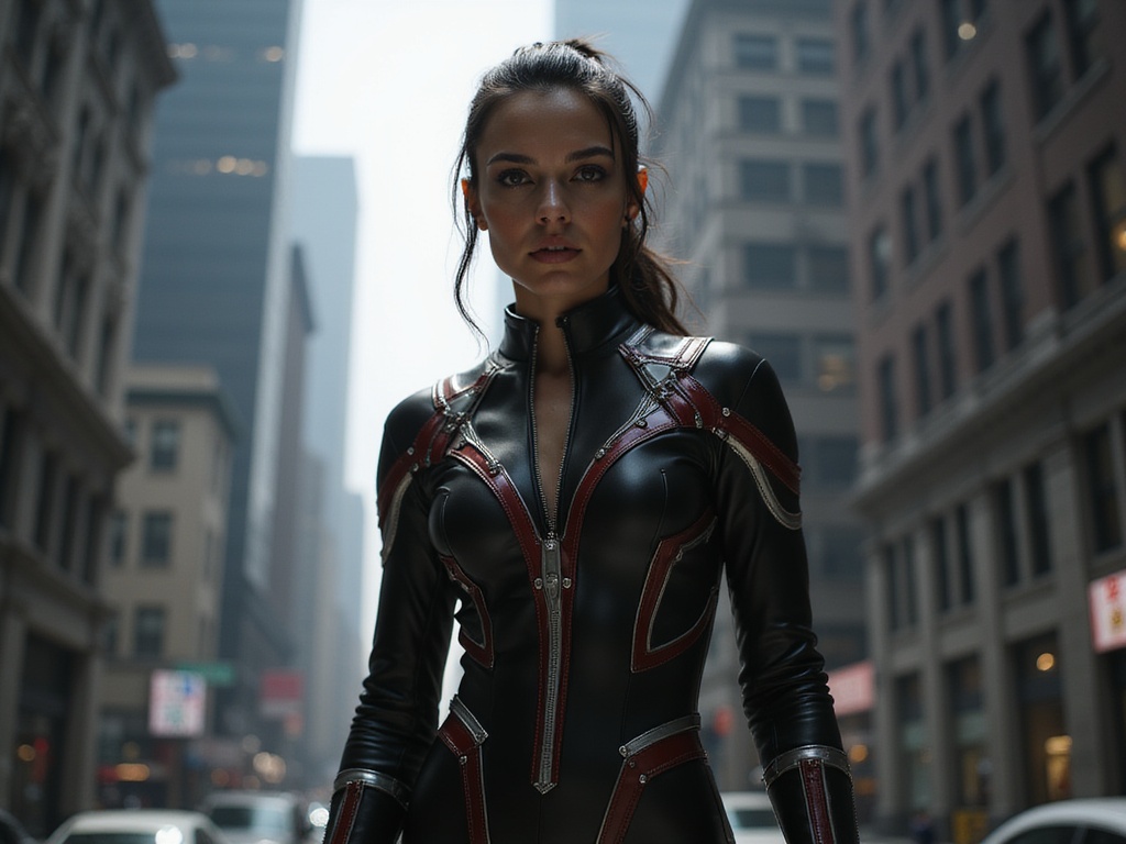 A stunning 23-year-old woman, Olivia, embodying the fierce spirit of Black Widow. She stands poised in a dramatic urban setting, surrounded by the shadows of towering buildings. Dressed in a sleek black leather catsuit accentuated with intricate red and silver detailing, she exudes strength and determination. Her dark, glossy hair is styled in a sleek, high ponytail, giving her a streamlined aesthetic. The lighting is dynamic, casting sharp contrasts to highlight her sculpted features and powerful stance, with a rebellious attitude projected through her confident gaze. The atmosphere pulsates with suspense and empowerment, perfectly capturing the essence of a modern superheroine. This hyper-realistic portrayal blends the elegance of high fashion with the raw energy of action, showcasing her as a contemporary icon.