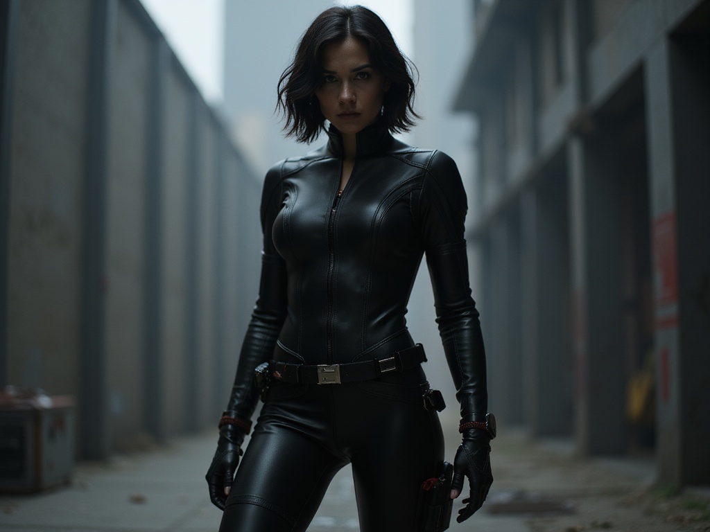 A striking female figure, Olivia, aged 28, embodies the fierce spirit of Black Widow in a hyper-realistic portrayal. She stands in a poised, dynamic stance, exuding confidence and strength. Clad in a sleek, form-fitting black tactical suit adorned with subtle red accents, her dark hair is styled in a sharp bob cut. The scene is set in a shadowy urban environment, with dramatic lighting casting deep contrasts and highlighting her determined expression. The backdrop features abstract shapes of city architecture, enhancing the feeling of an intense action sequence. Her body language is articulate, radiating both power and vulnerability, akin to a modern female warrior preparing for battle. The atmosphere conveys a thrilling sense of urgency and resilience, making this portrait an iconic representation of a contemporary action heroine.