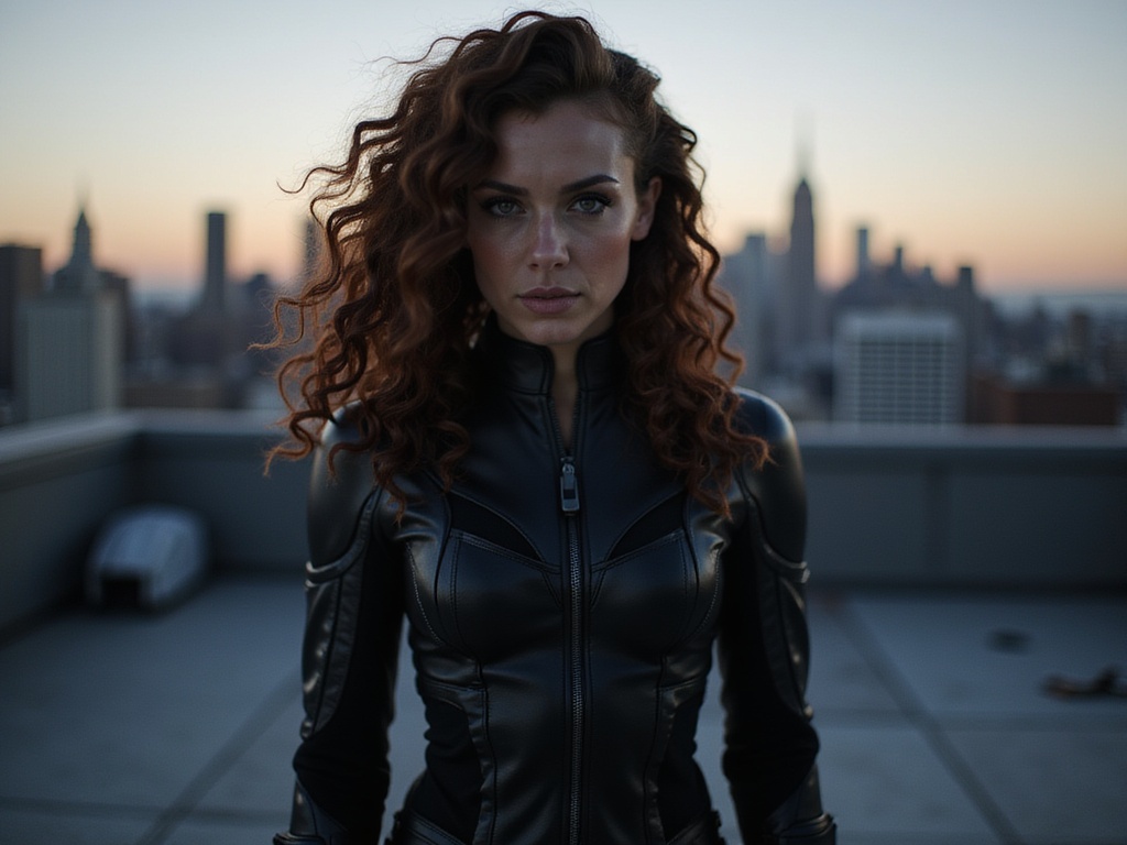 A striking 23-year-old woman, Emily, embodying the fierce and captivating essence of Black Widow. She is portrayed in a hyper-realistic style, with a sleek black tactical suit that hugs her athletic frame, accentuated by intricate stitching and tactical details. Her hair is styled in long, natural curls cascading down her shoulders, adding a fierce and powerful aura. Joshing out from a dramatic urban rooftop setting, the Gotham skyline looms in the background under a twilight sky. The lighting casts bold shadows, enhancing her determined expression and emphasizing the strength and agility of her pose, as she stands ready for action. The emotional tone captures the resilient spirit of a hero, celebrating her strength and grace.
