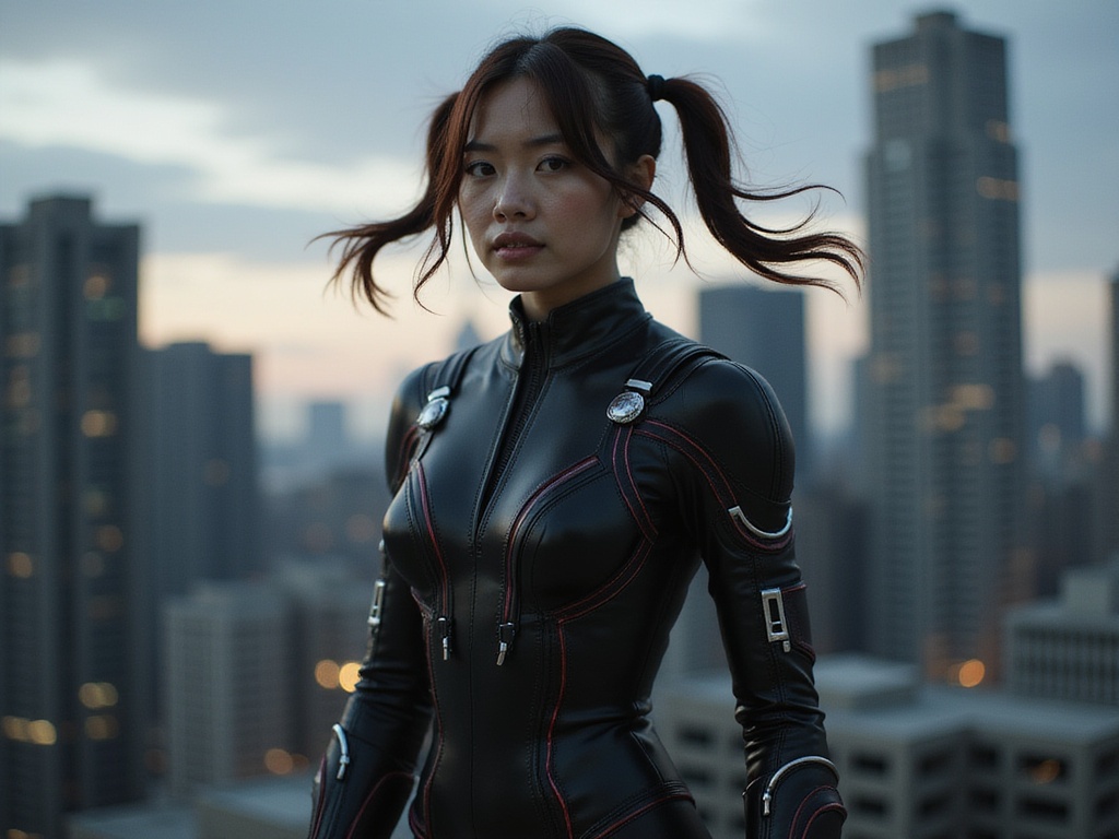 A striking 24-year-old Asian female, Emily, embodying the fierce essence of Black Widow, stands poised in a dynamic action shot. Dressed in a sleek black tactical bodysuit adorned with intricate red and silver accents, she exudes a powerful yet enigmatic aura. Her hair is styled in sleek, high ponytails that whip behind her, reflecting her agility. The setting is a dramatic urban landscape with skyscrapers and a dusky sky, emphasizing the essence of a superhero in action. The lighting is cinematic, casting sharp contrasts that bring out the contours of her figure, while her expression captures determination and confidence, ready for the next challenge.