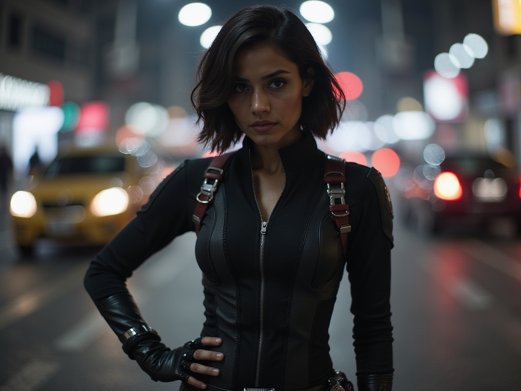 A striking female character, Sarah, aged 29, embodying the fierce essence of Black Widow. She represents an Indian superheroine with sleek, dark hair styled in a sharp bob and piercing eyes that radiate determination. Clad in a form-fitting black tactical suit adorned with subtle red accents, her pose exudes confidence and readiness for action, one hand positioned near her waist where an array of gadgets rests. The background features an urban nighttime setting, with blurred city lights creating a dramatic, espionage vibe. The lighting is moody, enhancing the strong contours of her face and the sleekness of her outfit, while casting intriguing shadows that heighten the sense of suspense and strength. The image captures the powerful blend of vulnerability and edge that defines the Black Widow persona in a hyper-realistic style.