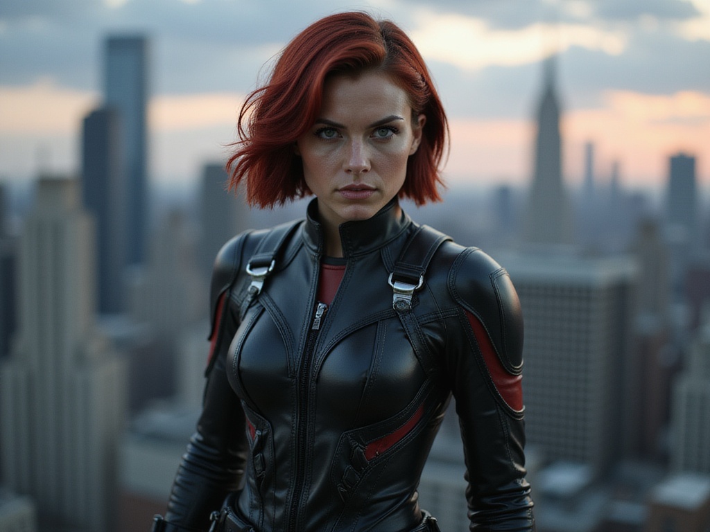 A striking young woman, Jane, aged 24, embodying the fierce essence of Black Widow. She is portrayed in a hyper-realistic style, wearing a sleek, form-fitting black leather catsuit adorned with subtle red accents and tactical gear that reflects strength and agility. Her hair is a sharp bob, framing her face with intensity, and her expression conveys determination and resilience. The background is a dynamic urban setting, blurred skyscrapers looming in the twilight, adding an atmosphere of suspense. Strategic lighting highlights her features and textures, capturing both the cinematic action of a superhero film and the emotional depth of the character, while her stance projects an air of unwavering confidence and readiness for battle.