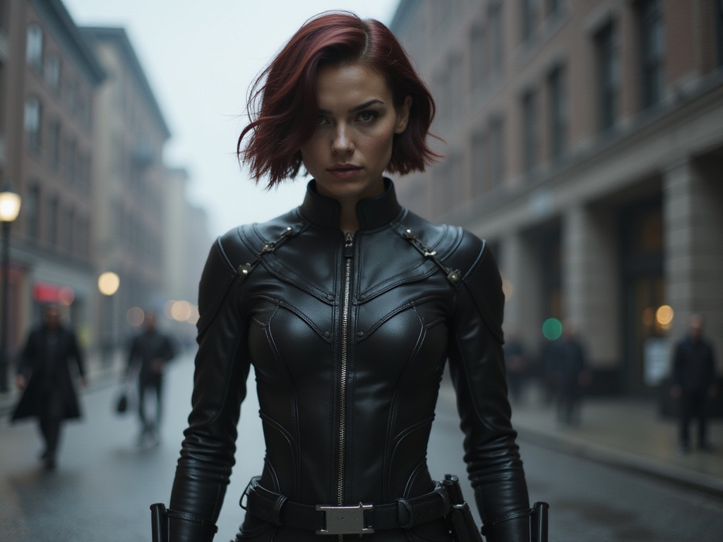 A striking 26-year-old female, Olivia, embodies the fierce and formidable essence of Black Widow. Clad in a sleek, form-fitting black tactical suit featuring intricate paneling and subtle sheen, she stands in a dynamic pose that exudes power and confidence. Her hair is styled in a fierce, asymmetrical bob, perfectly framing her sharp features. The dramatic lighting casts deep shadows, highlighting her determined expression and the intricacies of her outfit. Behind her, an urban landscape looms, hinting at a world filled with intrigue and danger. The atmosphere is charged with intensity, reflecting the character's complex strength and resilience. This portrayal captures Olivia as a modern warrior, ready to take on any adversary with grace and ferocity, merging fashion with cinematic storytelling.