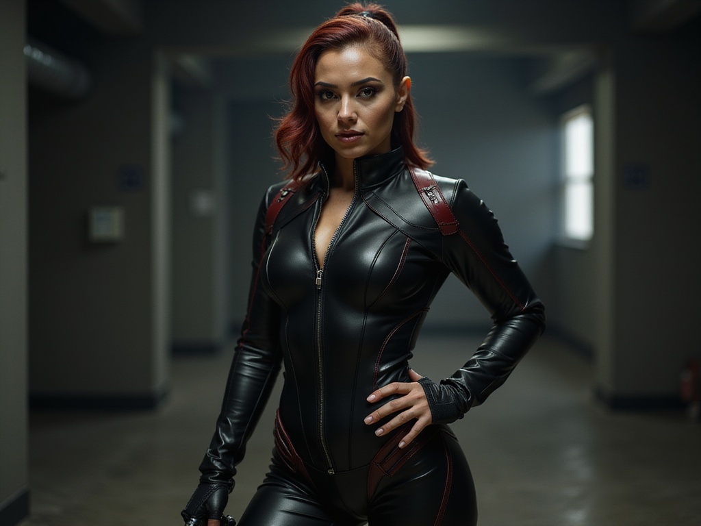 A fierce 24-year-old woman, Sarah, embodying the character of Black Widow, exudes strength and confidence. Her Middle Eastern heritage is accentuated with bold makeup that highlights her striking features. She wears a sleek, form-fitting black combat suit adorned with subtle red accents, tailored to perfection, showcasing both elegance and power. Her hair is styled in a slick, high ponytail, emphasizing her chiseled jawline. Set against a moody, industrial backdrop that evokes a sense of urgency and danger, she strikes a dynamic pose, one hand on her waist and the other reaching for a hidden weapon. The lighting is dramatic, casting shadows that enhance her athletic build and the textures of her suit. This hyper-realistic portrait captures the essence of a formidable hero, radiating resilience and determination.