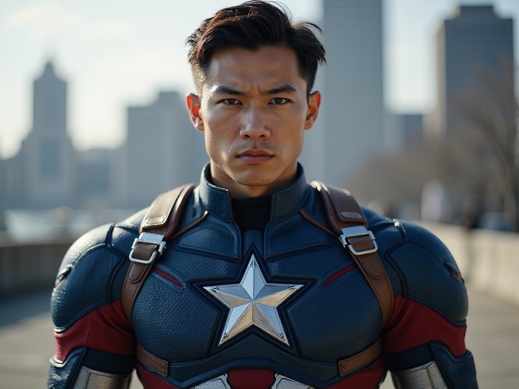 A 22-year-old Asian male, David, portraying Captain America in a hyper-realistic manner. He wears a meticulously crafted costume featuring the iconic blue and red color palette, embellished with textured patterns and detailed star-emblem chest plate. His heroic stance showcases him mid-action, as if ready to leap into battle. The backdrop is an urban environment, with a blurred city skyline and dynamic lighting casting dramatic shadows, enhancing the heroic aura surrounding him. This image captures the essence of bravery and valor, embodied through David's determined facial expression and athletic build, emphasizing the cultural significance of representation in superhero narratives.