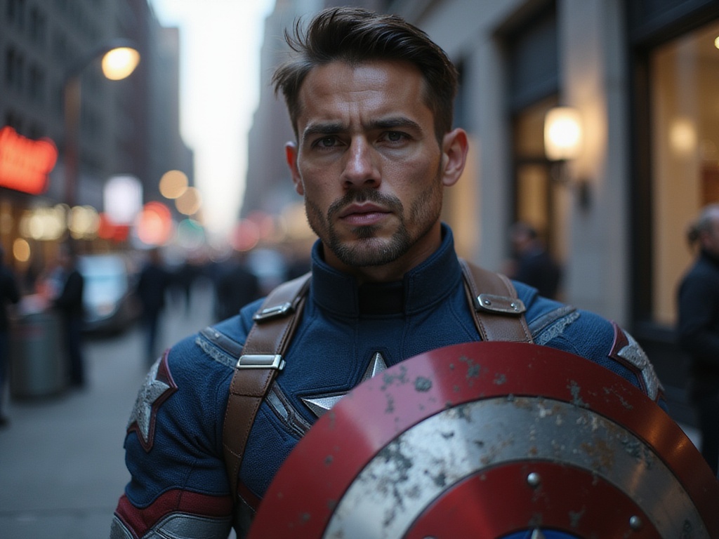 A 22-year-old male, David, embodying Captain America in a hyper-realistic portrayal. He stands heroically in a dramatic urban setting, wearing a meticulously designed costume featuring a shield detailed with weathered textures and iconic stars. His Latin heritage is beautifully reflected in his strong facial features and confident posture. The setting features a cityscape backdrop at dusk, with warm lights illuminating the scene, creating an atmosphere of valor and resilience. His expression captures the essence of determination and bravery, embodying the spirit of the character with a strikingly authentic look. This ROLE-PLAYING depiction is crafted with fine attention to detail, perfect for an imaginative scene.