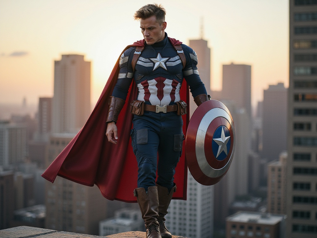A 24-year-old male, David, role-playing as Captain America, embodying the superhero’s iconic posture and strength. He is dressed in a hyper-realistic and detailed version of the modern Captain America suit, complete with a custom shield featuring the star and stripes design. The setting is a dramatic urban landscape, perhaps a cityscape featuring skyscrapers in the background bathed in early evening light. David stands heroically atop a building, facing forward with one foot on the ledge, his expression a mixture of determination and hope, as if ready to leap into action. The atmospheric lighting adds a warm glow to the scene, accentuating the vibrant colors of his suit and creating a visually striking, cinematic feel.