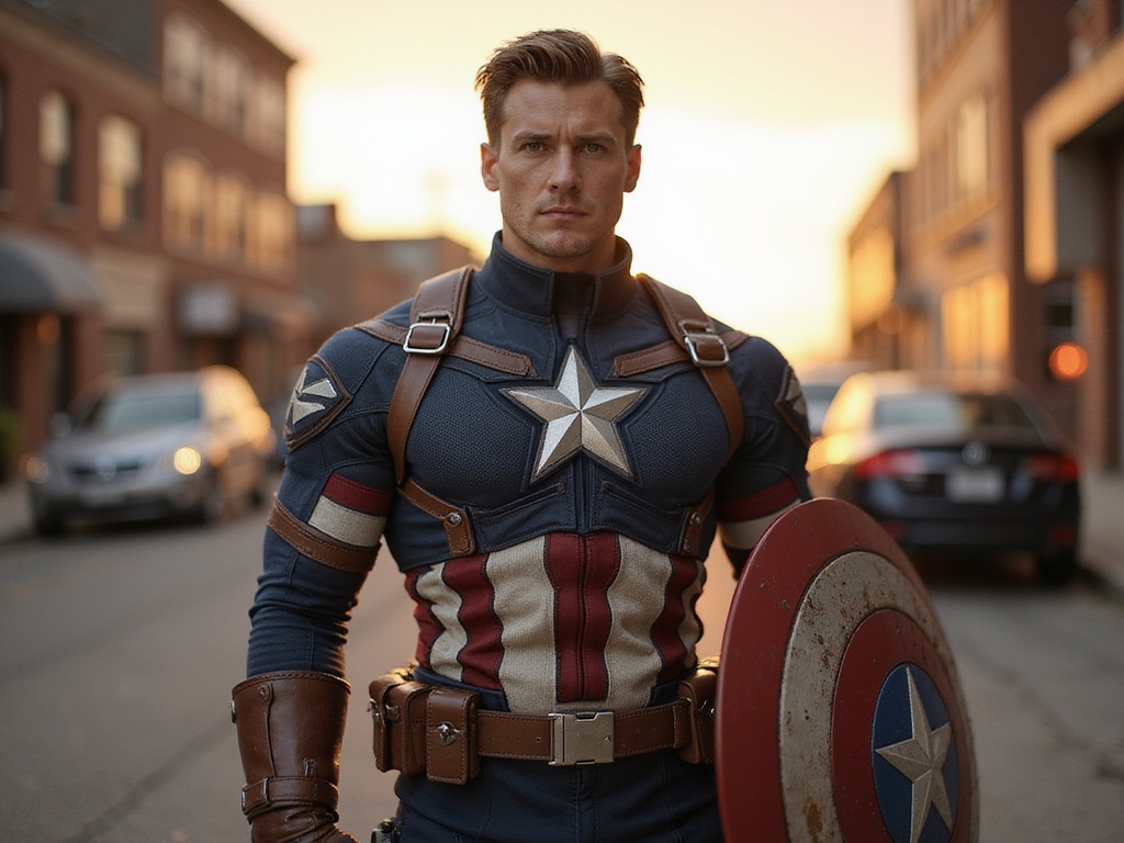 A 29-year-old male figure, David, portraying Captain America with striking realism. He stands heroically against a dramatic urban backdrop, dressed in a meticulously detailed, weathered replica of Captain America's iconic costume, featuring the distinct star emblem emblazoned on his chest and a distressed leather utility belt. The sun sets behind him, casting warm, golden hues that highlight the contours of his muscular physique and the intricate textures of the costume fabric. His strong jaw is set with determination, and he clutches a shield emblazoned with the American flag, symbolizing valor. The image captures not just the hero's physicality but also the essence of bravery and leadership, evoking a sense of nostalgia for classic comic book heroism.
