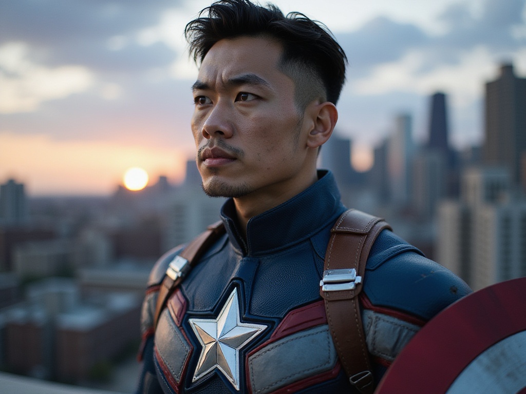 A 26-year-old male, David, portrayed as a hyper-realistic Captain America, embodying the heroic spirit of the character. He is wearing a meticulously tailored, custom-made suit featuring the iconic red, white, and blue colors, with detailed star motifs on the chest and a plush, streamlined shield resting at his side. Captured in an urban environment, the backdrop showcases a dramatic skyline at dusk, with the last rays of sunlight bathing the buildings in a warm glow. His expression is one of determination and strength, exuding a sense of duty and leadership. His jet-black hair is styled neatly, and his Asian heritage is prominent, enriching the character with an inclusive representation. The composition utilizes Rembrandt lighting to sculpt his strong jawline and defined features, creating a striking visual impact that pays homage to the iconic superhero.