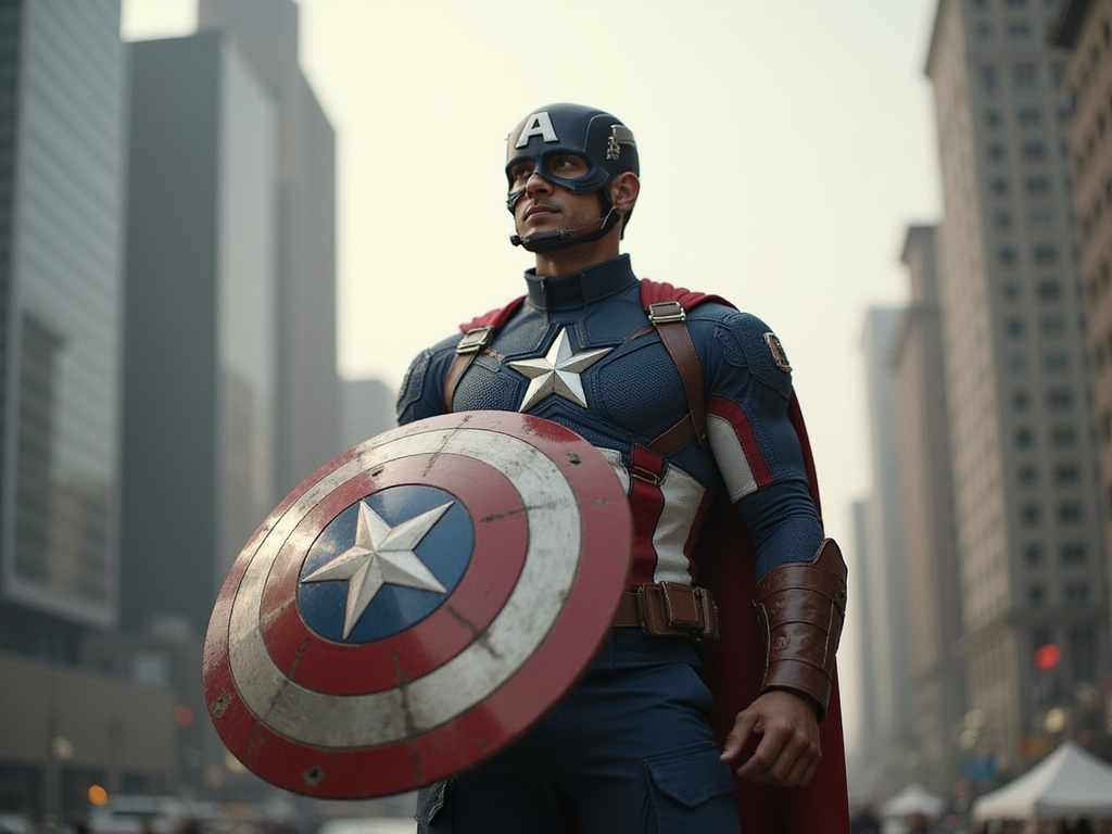 A 24-year-old Indian male, portrayed as Captain America in a hyper-realistic ROLE-PLAYING scene. He stands tall and proud, wearing a meticulously crafted Captain America costume, featuring the iconic red, white, and blue color scheme with a star emblem on his chest. He holds a vintage circular shield, muscles defined and posture exuding heroic confidence. The setting is a windswept urban landscape, with towering skyscrapers in the background that evoke a sense of duty and valor. Strong backlighting creates a halo effect around him, emphasizing his strong silhouette against the cityscape. The image captures the essence of a modern-day hero, merging tradition with contemporary heroism, in a striking, cinematic style.