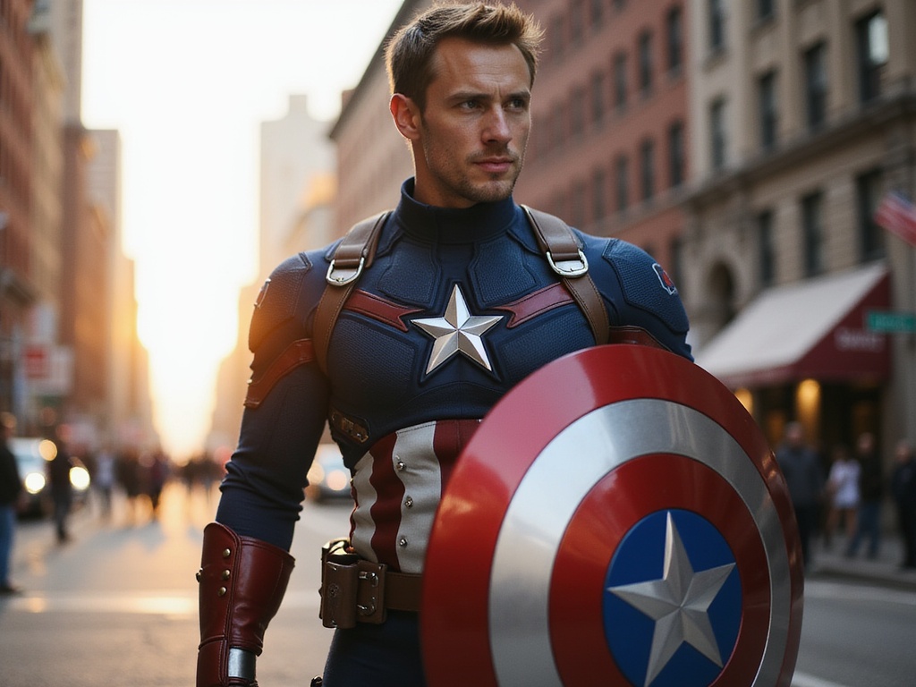 A 23-year-old white male, David, epitomizing the heroic stature of Captain America in a hyper-realistic role-playing scenario. He stands tall, donning a meticulously crafted, form-fitting Captain America costume made from high-performance fabric that mimics the iconic shield in rich colors of navy blue and bright red. The suit features detailed armor accents that reflect light. In his right hand, he firmly holds a replica of the legendary shield, poised as if ready to defend against any threat. His facial expression conveys determination and bravery, with a slight smirk showing confidence. The background is an urban setting, reminiscent of a New York City street, with a soft sunset casting a golden glow, enhancing the dramatic elements of the scene. The image captures the essence of a modern-day superhero against a cinematic backdrop, resonating with themes of courage and justice.