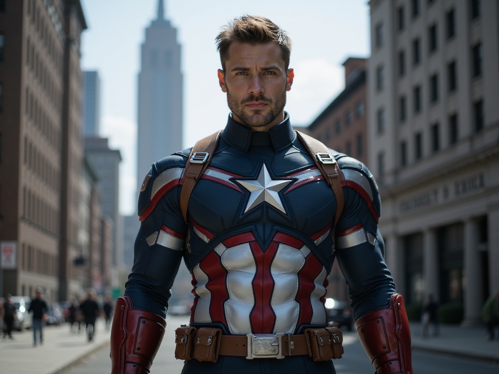 A 29-year-old male, James, embodying Captain America in a hyper-realistic role-playing scenario. He wears a meticulously crafted, tailored suit reminiscent of the iconic superhero, featuring a star emblem on his chest and a combination of navy and red tones. His structured physique enhances the portrayal of strength and heroism. The setting is a stylized urban backdrop, with an imposing skyline suggesting valor and security. James strikes a confident pose, his jaw set, eyes focused on the viewer, radiating determination and noble spirit. The lighting is dynamic, casting dramatic shadows to emphasize the details of the suit and his features. This image captures the essence of a modern hero within an urban landscape, bridging tradition with contemporary culture.