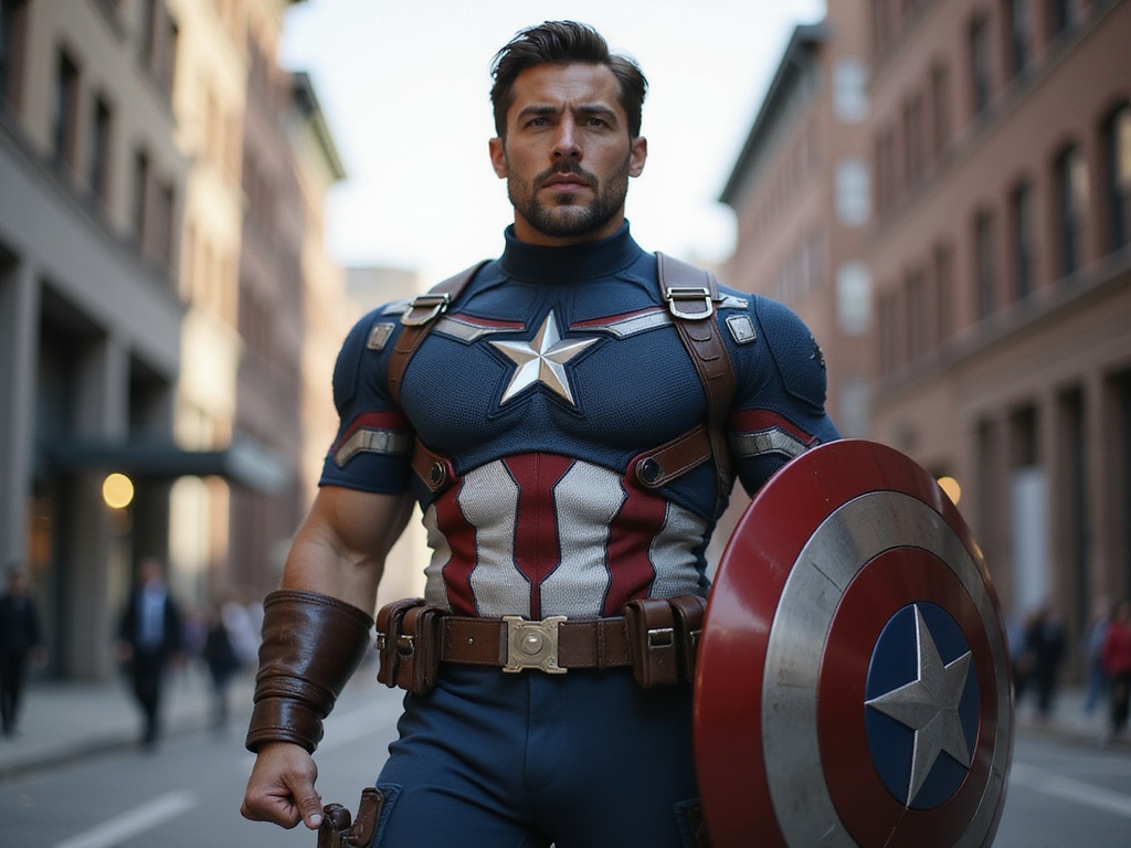 A Latin male figure, Michael, aged 29, embodying Captain America in a hyper-realistic portrayal. He stands proudly, donned in a meticulously crafted, patriotic costume featuring a deep blue bodysuit with a prominent star on his chest, complemented by a rugged, weathered utility belt. His strong physique is accentuated by the fitted design, showcasing muscular arms and a confident stance. A detailed shield rests at his side, reflecting the light dramatically. The setting is a stylized urban backdrop, hinting at a battle-ready stance amid a cityscape, with a cinematic atmosphere rich in depth. The lighting captures his determined expression, projecting valor and strength as he represents hope and perseverance.