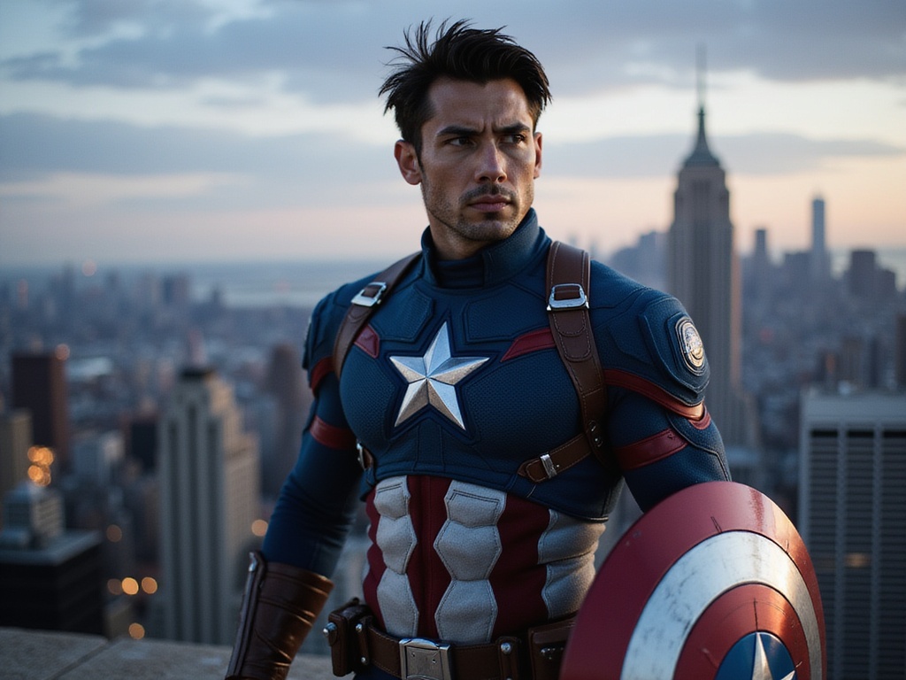 A 23-year-old Latin male, David, realistically portraying Captain America, stands heroically against a dramatic city skyline backdrop at dusk. He wears a meticulously crafted costume featuring a star-emblazoned chest plate, vibrant blue and red details harmonizing with the urban environment. His powerful physique is highlighted by the costume's tailored fit, embodying strength and valor. In one hand, he holds a detailed replica of the iconic shield, reflecting the ambient city lights. His expression is focused, exuding determination and courage, with the wind subtly tousling his dark hair. The lighting is soft yet dramatic, casting shadows to enhance his heroic silhouette. This image embodies the essence of a modern superhero, capturing both the character's iconic features and the emotional strength of a leader, designed for a cinematic comic book scene.