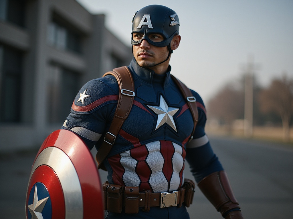 A 23-year-old male, Michael, role-playing as Captain America. This realistic portrayal features him in a customized, authentic-looking costume composed of high-quality spandex and leather, showcasing the iconic red, white, and blue colors with star motifs. The scene is set against a dramatic backdrop of an urban landscape, with stylized lighting that enhances the heroic aura, casting sharp shadows and highlighting the muscular definition of his form. His poised stance, with one arm raised holding a shield, radiates confidence and bravery. The model's Asian heritage is beautifully represented, adding layers to the character's modern interpretation. The image captures the essence of a contemporary superhero, balancing strength and depth, evoking a sense of empowerment and adventure.