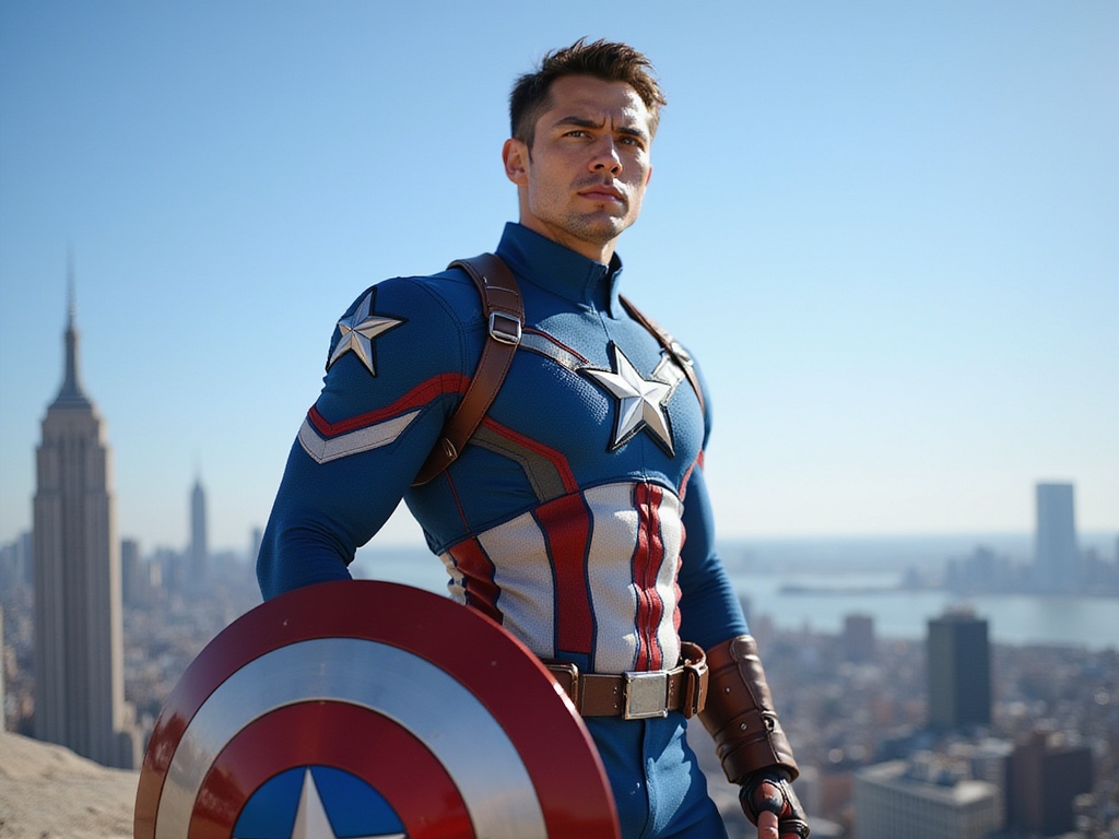 A realistic portrayal of a 23-year-old male, James, embodying Captain America in a modern, hyper-realistic style. Dressed in a tailored, vibrant blue suit adorned with the iconic white star and red accents, his confident stance captures the essence of a heroic leader. A shield rests at his side, its surface gleaming in the bright sunlight. His strong features reflect determination and bravery, showcasing an Asian descent. The background depicts a bustling cityscape, evoking a sense of adventure and patriotism as he stands ready for action. The composition balances dynamism with clarity, framed by a dramatic blue sky.