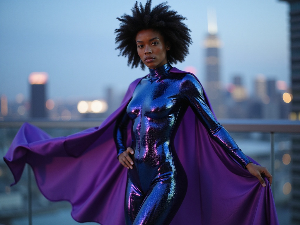 A striking portrait of Emily, a 22-year-old Black female superhero, embodying strength and grace. She stands in a dynamic pose, clad in a sleek, high-tech bodysuit that shimmers with a futuristic iridescent finish, showcasing bold colors of midnight blue and electric purple. A flowing cape billows behind her, catching the light with every movement. Her expression is fierce yet confident, with her natural hair styled in a fierce afro framing her face. The backdrop features a city skyline at dusk, with glimmers of light reflecting off modern architecture, creating an ethereal atmosphere. The composition utilizes dramatic lighting to emphasize the contours of her figure and the luxurious texture of her costume. This hyper-realistic image encapsulates the essence of a superhero ready to take on the world, channeling empowerment and heroism.