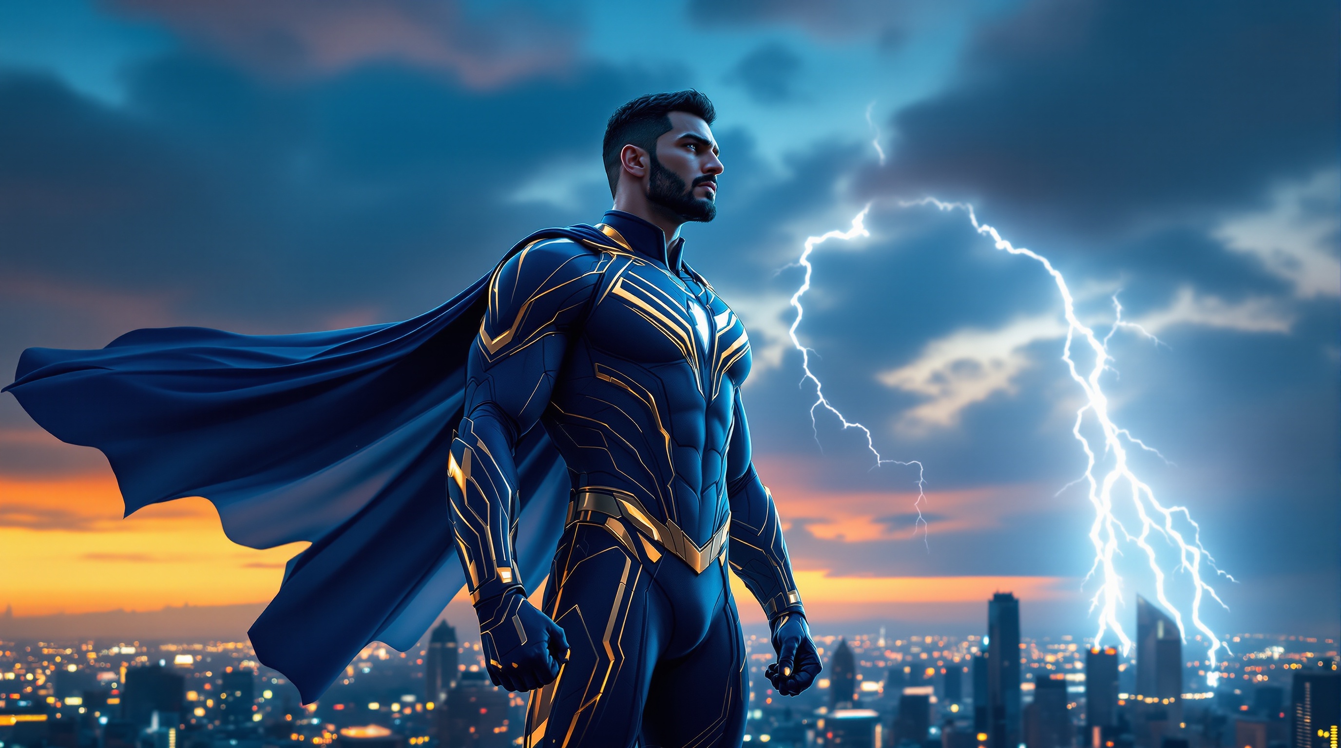 A 26-year-old Arab male, John, embodies the essence of a superhero in a breathtaking pose atop a futuristic city skyline at dusk. Clad in a form-fitting, high-tech suit featuring sleek lines of midnight blue and metallic gold, the outfit accentuates his muscular frame. The suit's design includes bold, angular patterns that shimmer under the city lights, and a flowing cape that billows dramatically in the wind. John stands tall, one fist clenched at his side, gazing confidently into the distance, his expression a blend of determination and heroism. The sky transitions from vibrant orange to deep indigo, creating a striking backdrop that frames his silhouette, while powerful lightning bolts illuminate the scene, adding a sense of energy and action. This hyper-realistic portrayal captures the modern superhero narrative, reflecting themes of empowerment and resilience.