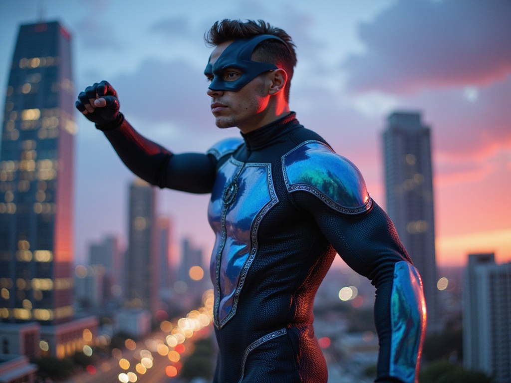 A dynamic portrayal of a 25-year-old male superhero, James, captured mid-action against a vibrant cityscape backdrop at twilight. His muscular build is clad in a sleek, form-fitting suit featuring iridescent panels that shimmer with shades of deep blue and silver. The suit is adorned with intricate motifs that hint at traditional Latin artistry, blending cultural heritage with modern heroics. His face is partially shadowed by a high-tech mask, revealing piercing eyes full of determination and courage. The composition emphasizes his powerful stance, with one fist raised high, ready to launch into flight, embodying the essence of strength and heroism. The ambient city lights twinkle around him, highlighting the bright colors of his outfit, while dynamic lighting and lens flares create an energized and captivating atmosphere.